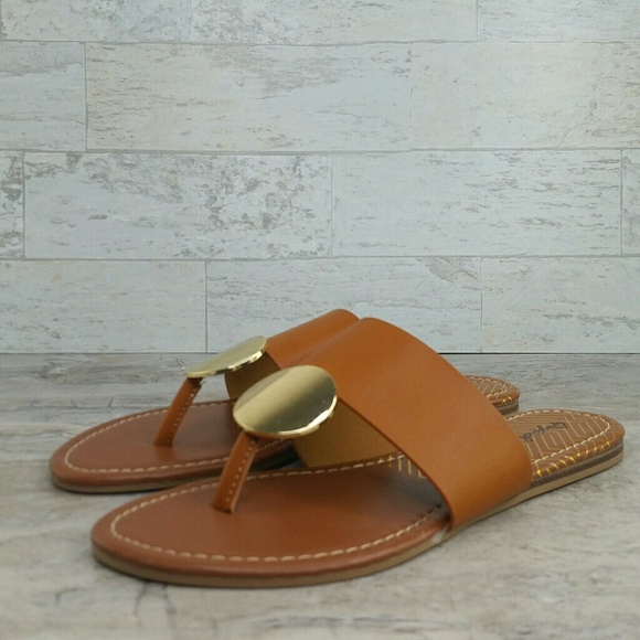 SALE!!!
 Sandal Tan Gold Disk Thong Slide-In Flat Sandal NEW - Picture 5 of 8